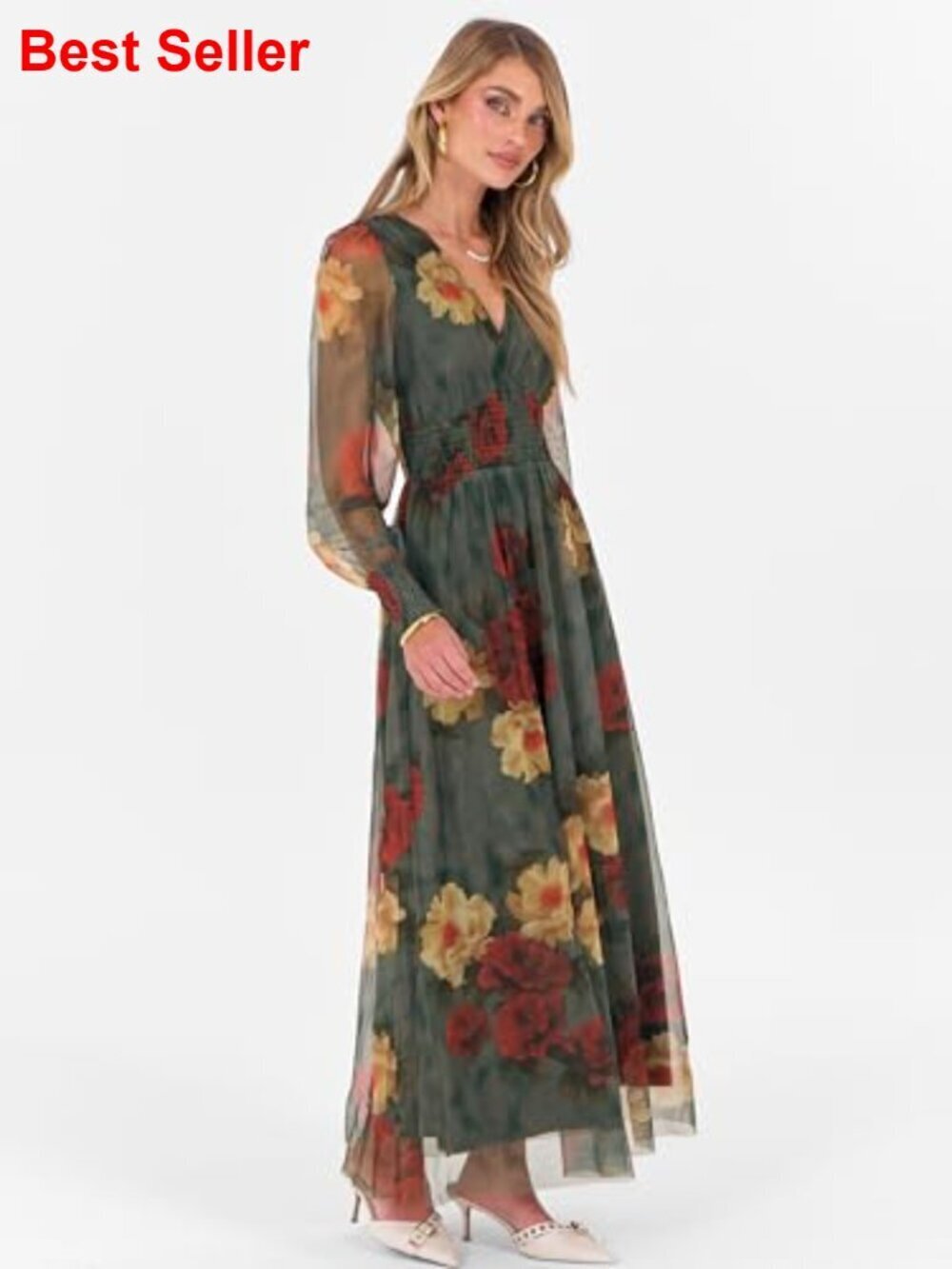 Floral Maxi Dress with Puff Sleeves, V-Neck, 100% Polyester - Picture 5 of 7